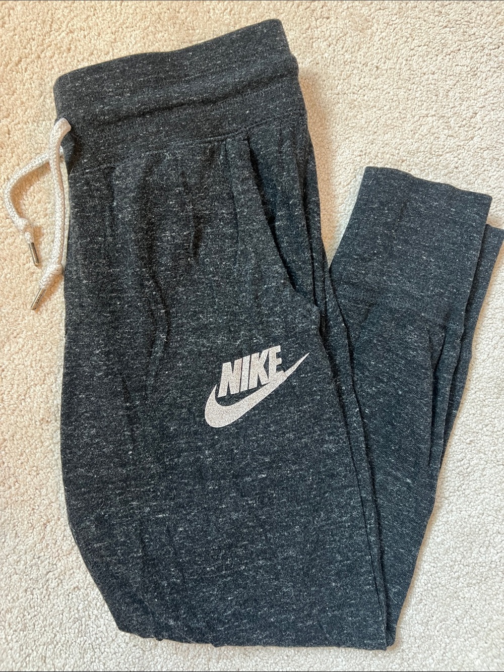 Nike Women’s Dark Heather Gray/Black Jogger Sweatpants with White Drawstring